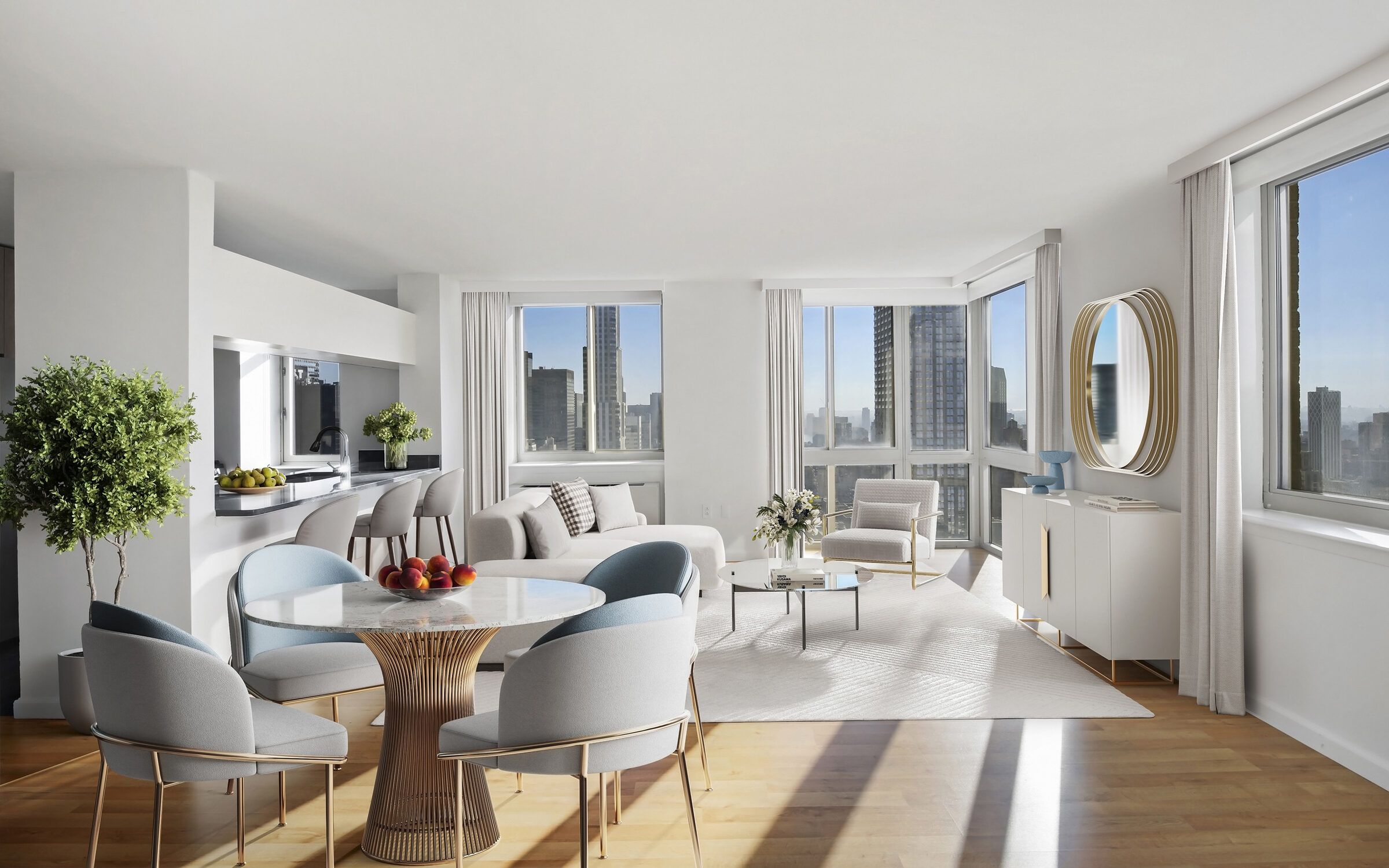 Sunlit living and dining room at Atlas New York with wraparound city views