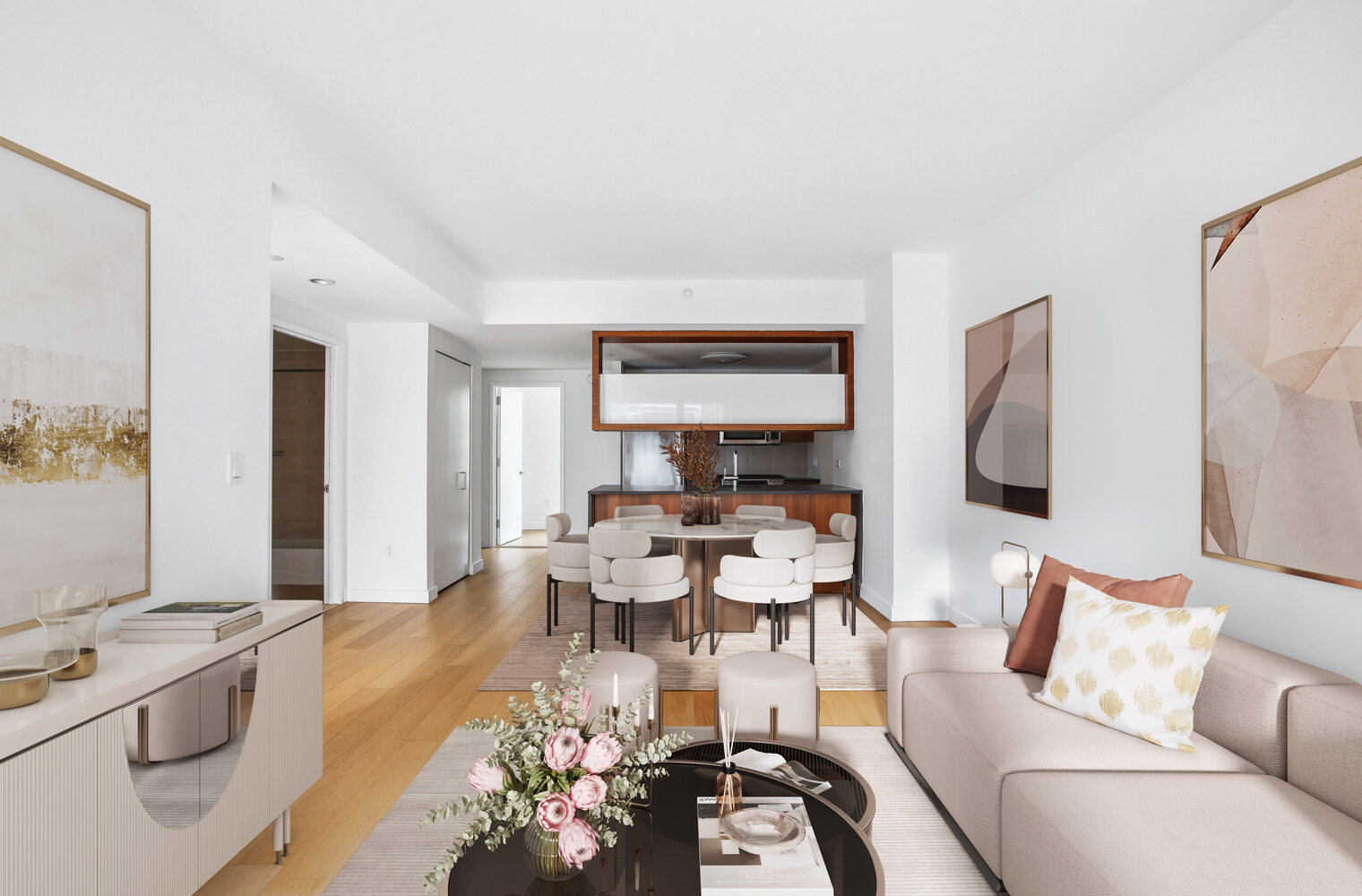 Furnished open-plan living and dining room at Gotham West with an open kitchen and oak flooring