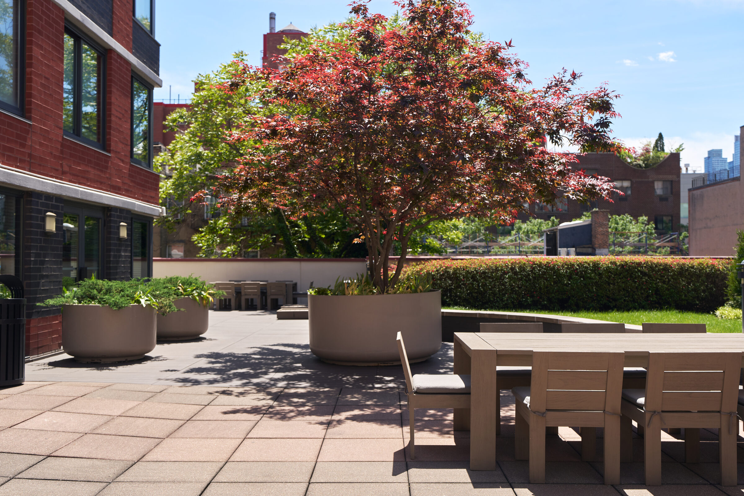 Landscaped roof deck at The Nicole with dining and lounge seating