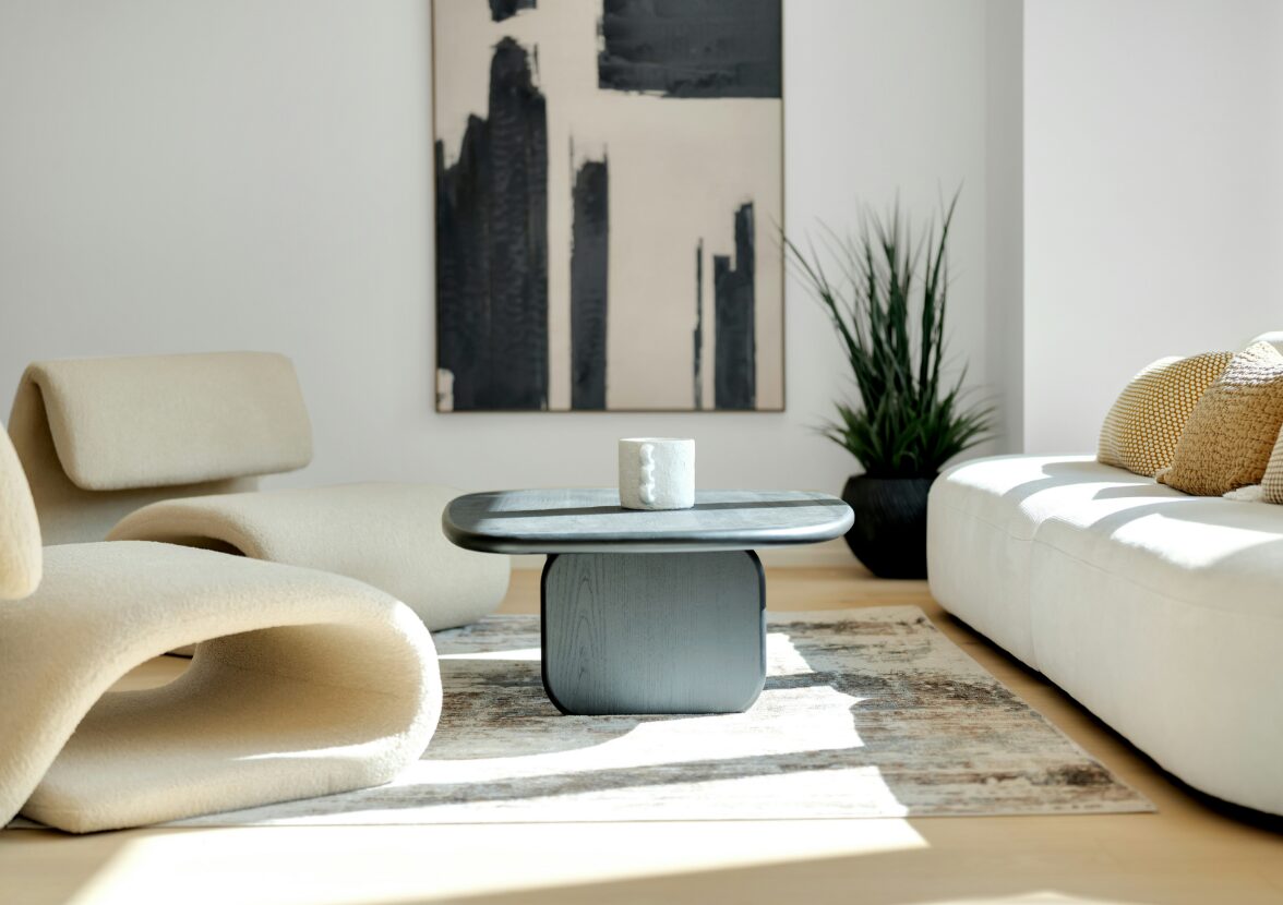 Sunlit apartment living room with neutral seating
