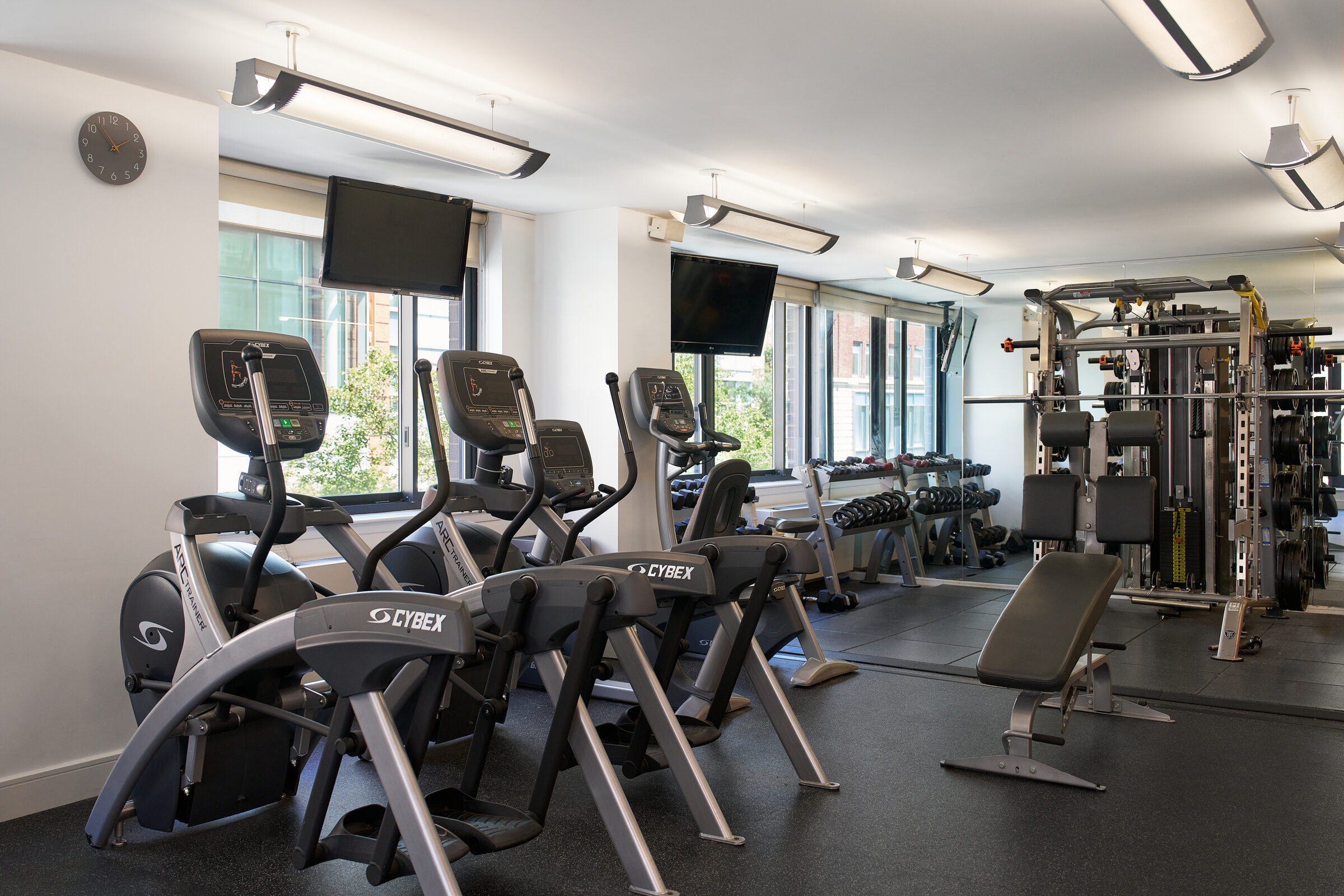 Fitness center at The Nicole with cardio and strength equipment